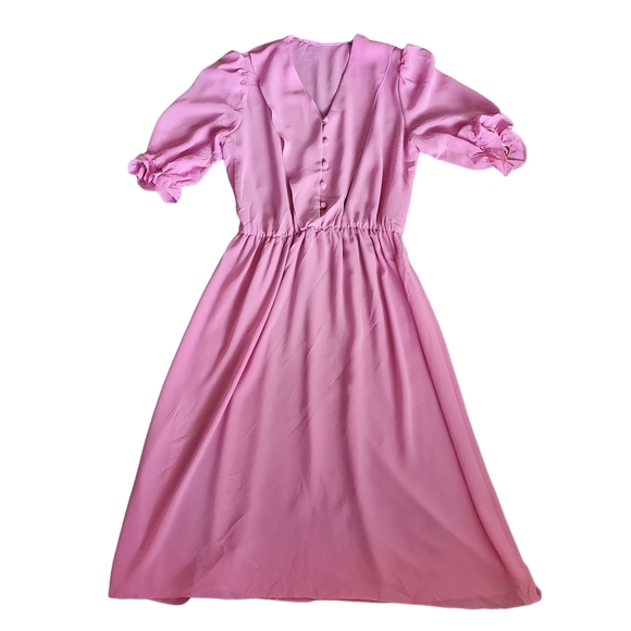 Vintage 80s Pink Semi Sheer Button Front Short Sleeve Bluson Day Dress - Picture 5 of 9
